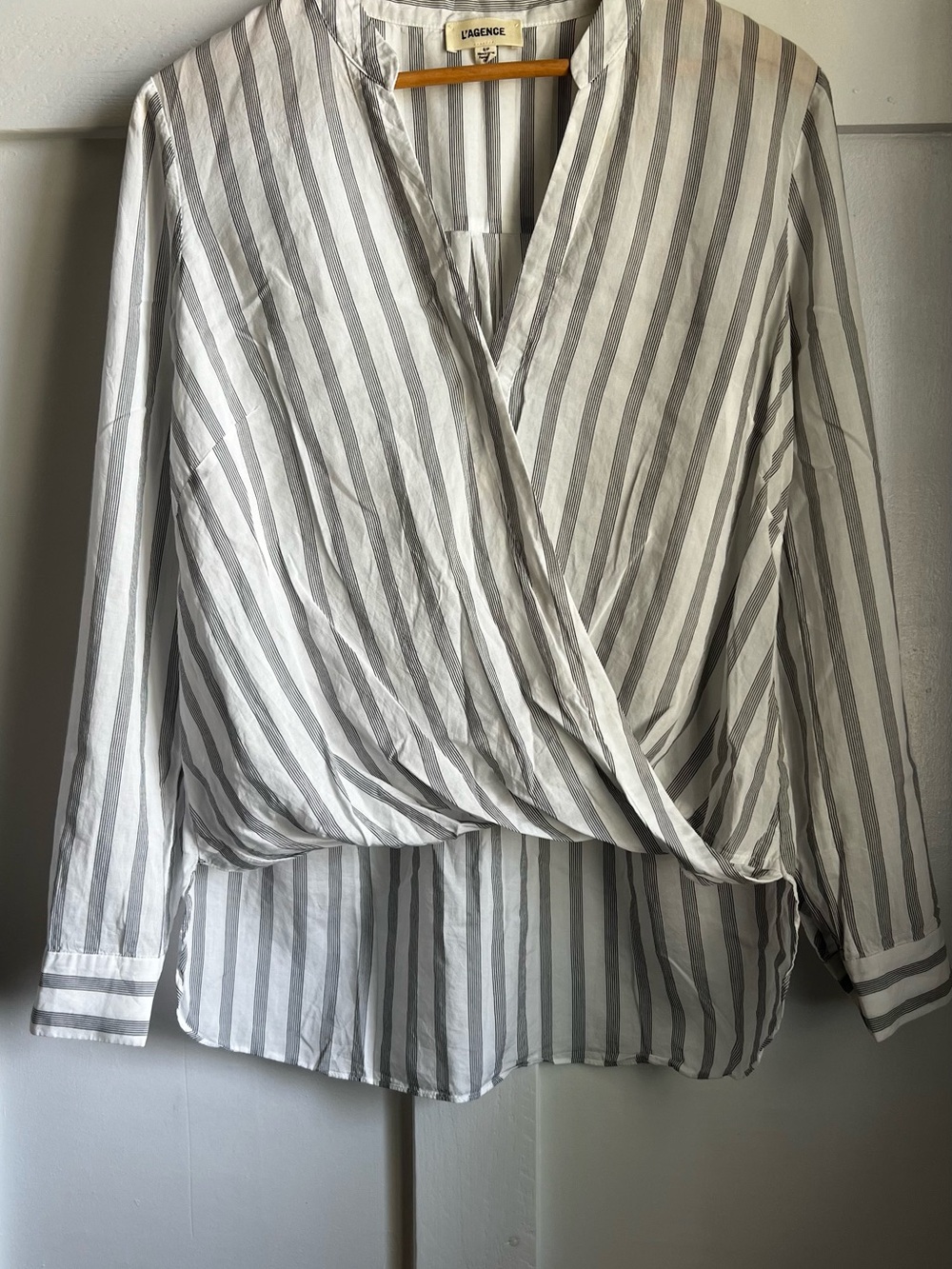 L'AGENCE White and Gray Striped Wrap Blouse